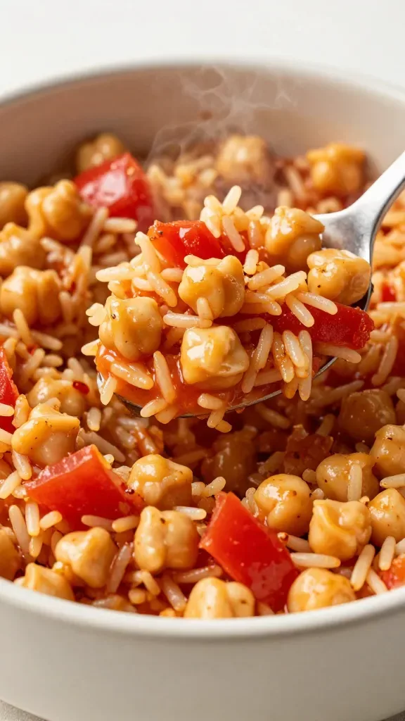 Side-angle macro of a spoon scooping Lebanese chickpea and tomato rice from a matte ceramic pot: individual rice grains distinct and tender, chickpeas evenly dispersed, small diced tomato melting into the rice creating a cohesive tomatoey sheen, faint specks of warm spices and tiny onion pieces visible, steam rising subtly, color palette of warm reds and golds, clean background, no additional toppings or sides, ultra-realistic food photography.