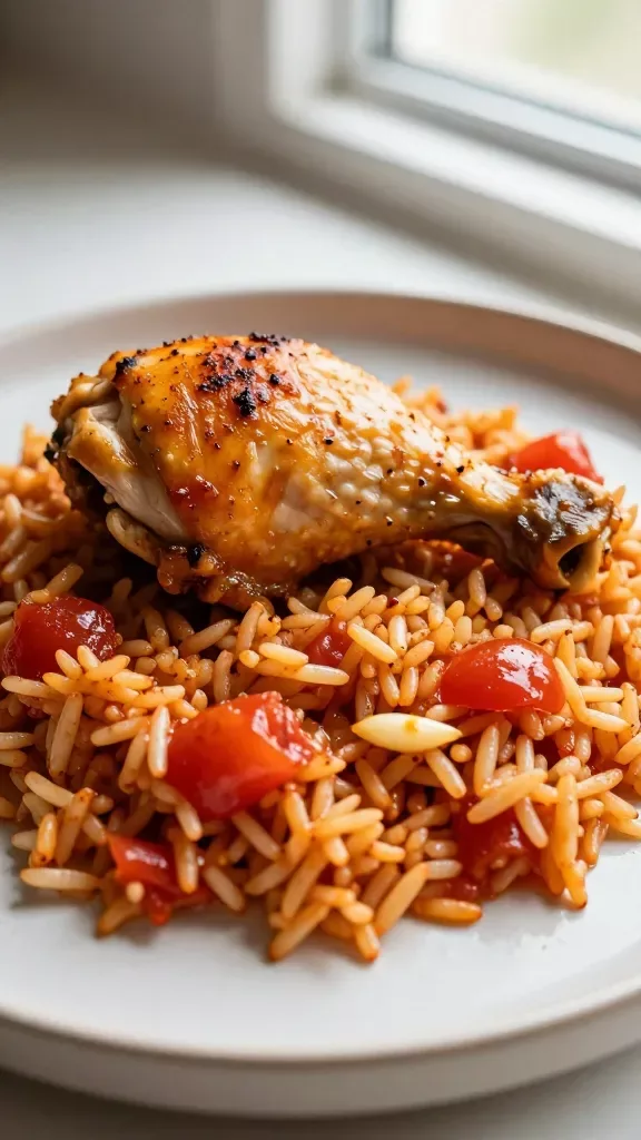 Macro side view of a single plated serving taken from the one-pan dish: one golden, paprika-rubbed chicken thigh resting partly over a mound of tomato-stained rice that shows individual fluffy grains, small bits of softened tomato and glistening chicken juices. Neutral ceramic plate, soft window light, background blurred to suggest the skillet out of focus. No herbs, no peppers, no olives—just chicken, rice, tomatoes, garlic, paprika.