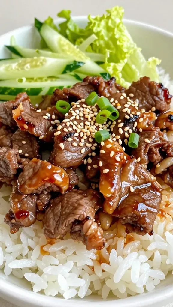 Extreme close-up of a Korean bulgogi beef rice bowl: thinly sliced seared beef glistening with a soy-garlic-brown sugar glaze, visible caramelized edges and sesame sheen, served over a bed of fluffy short-grain white rice, topped with a small mound of finely shredded fresh green lettuce and thinly sliced cucumber, a light sprinkle of toasted sesame seeds and sliced green onions, natural daylight, shallow depth of field, no extra ingredients, clean neutral background.