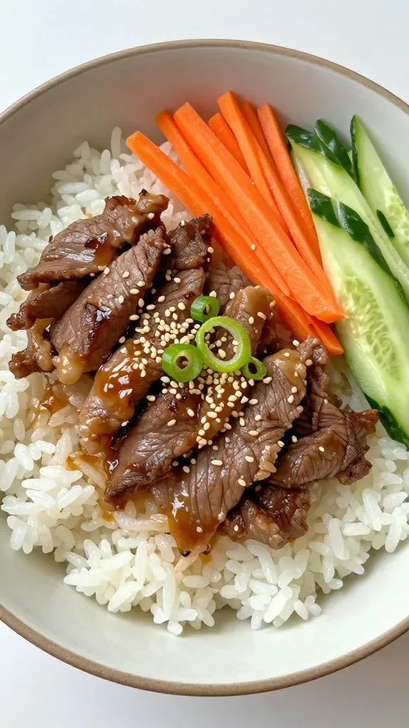 Overhead close-up of a neat rice bowl: perfectly steamed white short-grain rice covering the base, topped with a generous layer of glossy bulgogi beef (thin, tender slices with light char and sauce coating), arranged alongside a simple row of julienned carrots and sliced cucumbers for crunch, minimal garnish of sesame seeds and a few green onion rings, soft diffused lighting, simple ceramic bowl, no additional sauces or ingredients.