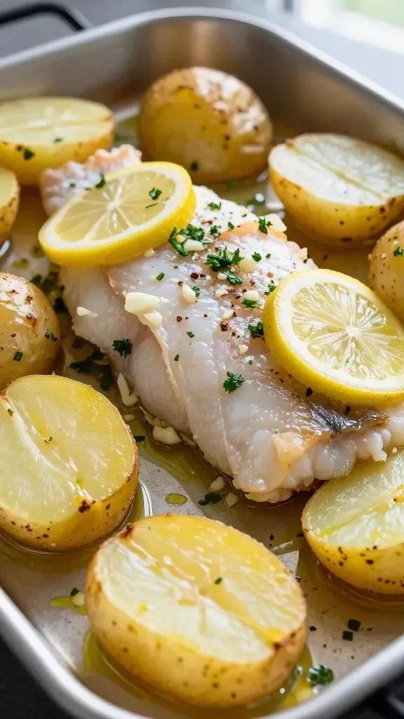 Ultra-closeup, one-pan Mediterranean lemon herb fish and potatoes: flaky white fish fillets (such as cod) baked on the same metal sheet pan with halved baby yellow potatoes, both glistening with olive oil, finely minced garlic, fresh chopped parsley, and dried oregano, finished with thin lemon slices on and around the fillets, light golden crisp edges on potatoes, juicy, opaque fish with gentle flake separation, natural kitchen window light, shallow depth of field, no extra ingredients, no text.