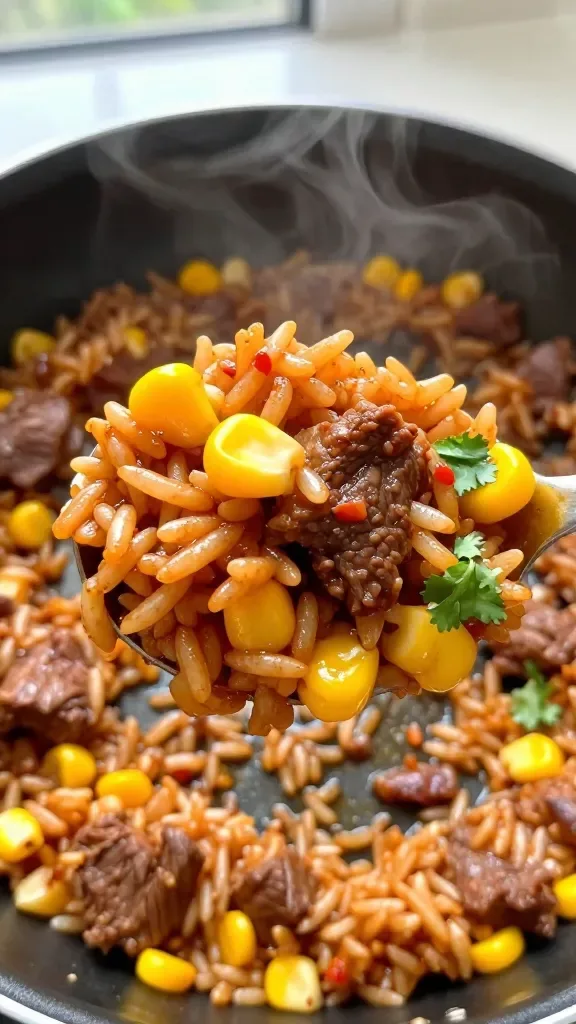 Side-angle macro of a spoonful lifted from the skillet showing distinct grains of saucy adobo-stained rice clinging to small chunks of tender beef and bright corn kernels; a gentle steam wisp rising, warm reddish-brown hues from the adobo, minimal garnish with a tiny cilantro fleck, blurred skillet in the background, natural window light, crisp texture detail, no additional ingredients.