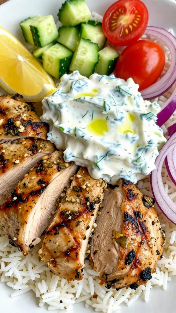 Extreme close-up of a Greek chicken gyro rice bowl: juicy grilled chicken thighs sliced, marinated in lemon, garlic, and oregano with light char marks; served over fluffy white basmati rice; topped with thick, creamy tzatziki with visible cucumber and dill flecks; scattered crisp diced cucumber and halved cherry tomatoes; a few thin red onion slices; lemon wedge on the side; drizzle of extra-virgin olive oil; natural daylight, shallow depth of field, overhead three-quarter angle, no extra ingredients.