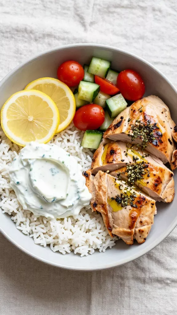 Overhead macro shot of components in a single bowl: a neat quadrant layout with fluffy white rice, sliced lemon-garlic-oregano grilled chicken, a generous dollop of tzatziki, and a fresh mix of diced cucumber and cherry tomatoes; small sprinkle of dried oregano on chicken; light olive oil sheen; neutral ceramic bowl on a light linen, soft natural window light, minimal styling, no pita, no olives, no extras.