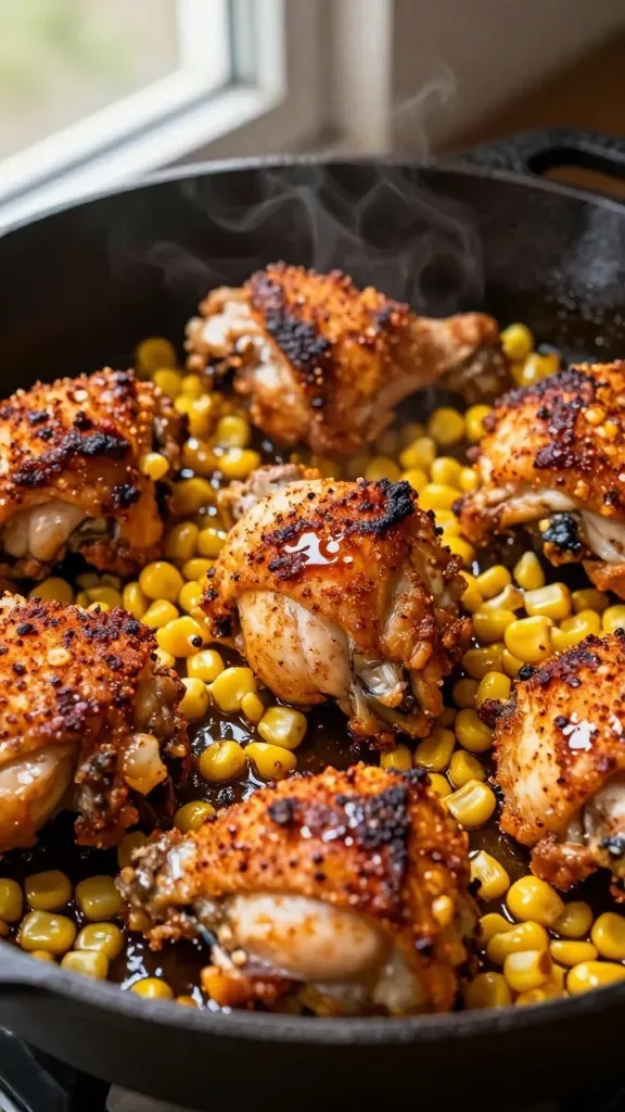 Ultra-closeup of a cast-iron skillet filled with Cajun-spiced chicken thigh pieces and sweet corn kernels only, no other vegetables; chicken seared with deep golden-brown edges and visible paprika-chili crust, corn lightly blistered and glossy from butter, a subtle buttery sheen pooling in the skillet, slight steam rising; warm golden and russet color palette, natural window light from the side, shallow depth of field focusing on the crispy chicken and corn textures, rustic dark background, no garnish, no text.