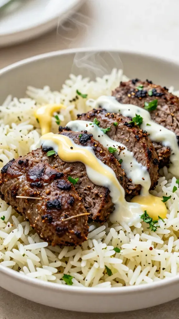 Extreme close-up of Lebanese lamb kofta skewers sliced and placed over a bed of fluffy white basmati rice in a shallow bowl. The kofta are deeply browned with visible flecks of parsley and hints of cumin-coriander seasoning, glistening with juices. The rice grains are distinct and steamy with a light green tint from finely chopped herbs. A drizzle of creamy white garlic-yogurt sauce and a spoonful of bright lemony tahini sauce are artfully swirled on top. Garnish limited to chopped parsley and a light sprinkle of sumac. Neutral ceramic bowl on a simple light stone surface, soft natural window light.