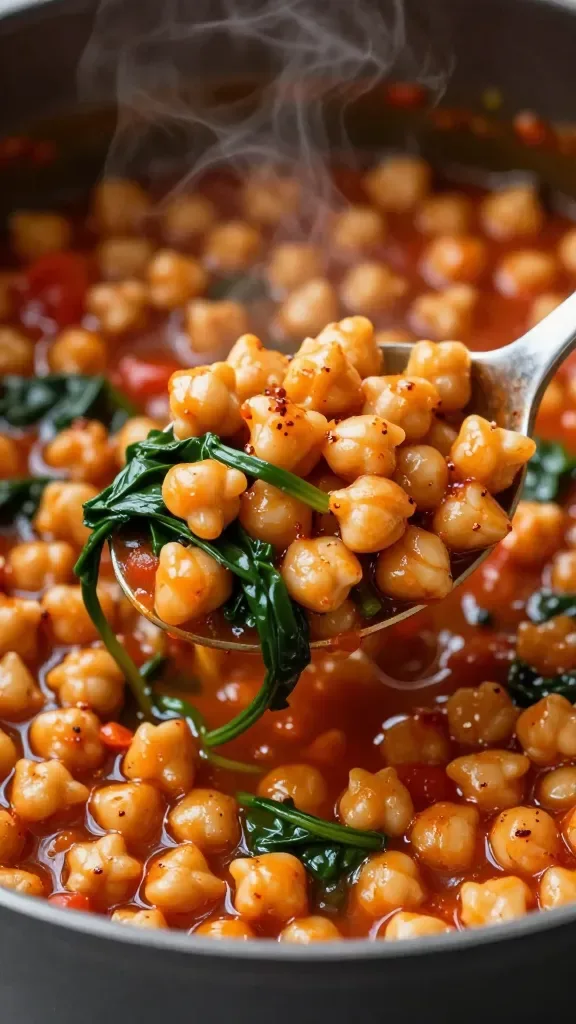 Tight macro shot of a spoon lifting chunky chickpea and spinach stew from a pot: plump chickpeas coated in spiced tomato sauce, ribbons of glossy wilted spinach clinging to the spoon, hints of paprika-cumin oil swirled on the surface, gentle steam, dark enameled pot edge slightly visible, muted backdrop, no added toppings or sides, crisp focus on texture.