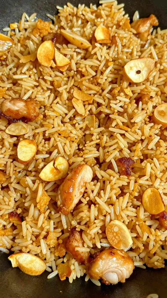 Extreme close-up of Filipino garlic fried rice (sinangag) with sliced golden-brown fried garlic chips scattered throughout and visible fluffy, separate day-old rice grains glistening with oil; tender bite-sized chicken pieces seared to a light caramelized brown from a soy-calamansi (or lime) marinade mixed evenly into the rice; no visible garnishes or extra ingredients; shot in a shallow, warm-toned light on a dark nonstick skillet surface.