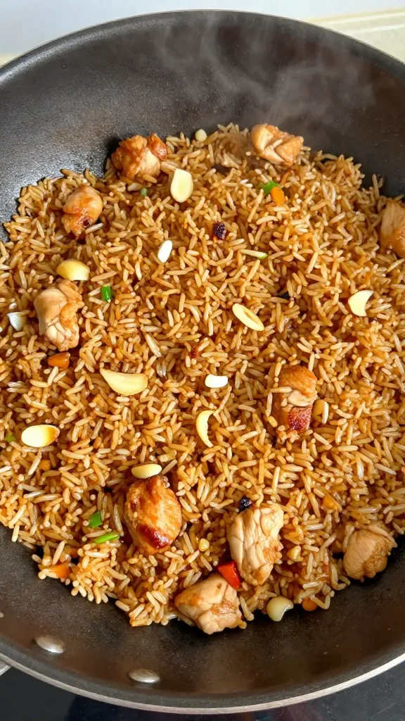 Overhead close-up of a single-pan serving of Filipino garlic fried rice with chicken: evenly browned, bouncy rice grains studded with crisp garlic slices and small, juicy chicken chunks with slight char edges from soy-citrus marinade; minimal oil sheen, no vegetables or eggs; photographed in a well-seasoned wok with subtle steam, neutral background.
