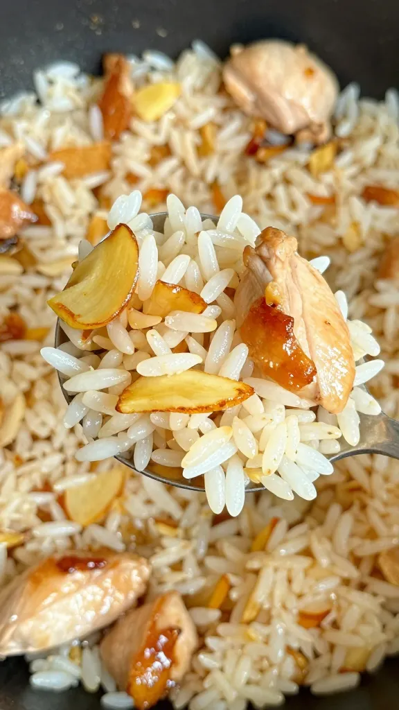 Macro side angle of a spoonful lifted from a pan showing distinct, separated rice grains, crunchy golden garlic slices, and a few small pieces of marinated chicken with caramelized edges; soft, natural daylight highlighting texture; no herbs, no sauces, no added vegetables—just rice, garlic, and chicken; background blurred to keep focus on the spoonful.