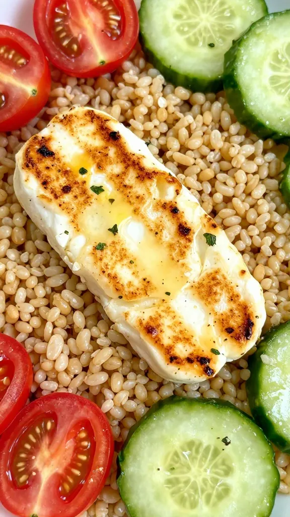 Extreme close-up of a Mediterranean grain bowl: perfectly grilled halloumi slices with distinct golden char marks on top of a bed of fluffy cooked grains (bulgur or quinoa), surrounded by halved cherry tomatoes and thick-cut cucumber slices, lightly glossed with a visible lemon-herb dressing (tiny flecks of parsley and oregano), natural daylight, shallow depth of field, overhead angle, no additional ingredients.
