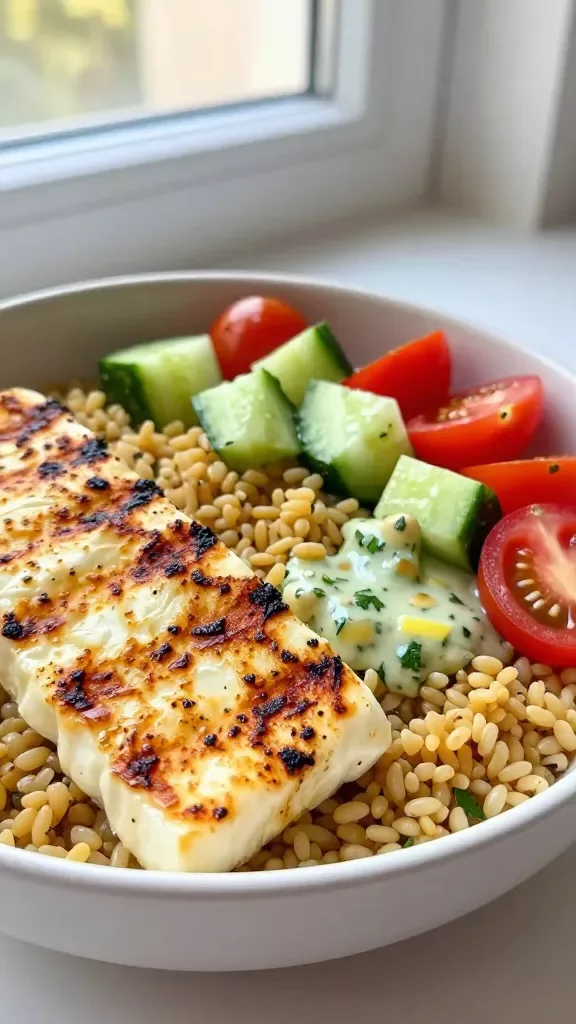 Side-angle close-up of a single serving grain bowl: stack of thick grilled halloumi pieces with char lines, nestled beside a mound of tender grains (bulgur), bright diced cucumbers and cherry tomato halves arranged simply, glistening with a zesty lemon-garlic-herb dressing (specks of parsley), soft natural window light, minimal background, no pita, no olives, no extra ingredients.