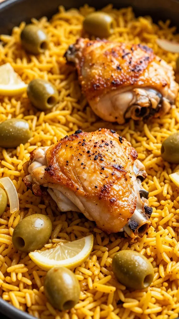 Extreme close-up of a one-pan Spanish chicken and olive rice bake just out of the oven: golden, crispy-skinned bone-in chicken thighs nestled in fluffy saffron-tinted rice, studded with whole green Manzanilla olives, visible grains glistening with chicken juices, hints of smoked paprika on the chicken skin, a few thinly sliced garlic pieces and soft translucent onions integrated into the rice, warm golden light, shallow depth of field, no extra garnishes, no lemon, no peppers, no tomatoes, overhead three-quarter angle.