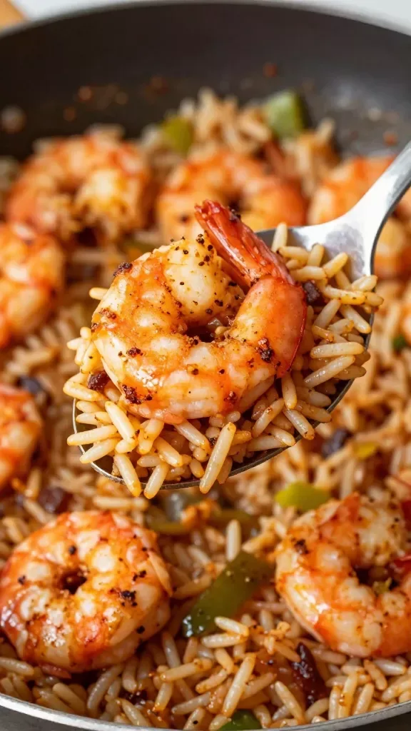 Three-quarter angle macro of a spoonful being lifted from a pan of Cajun shrimp and dirty rice. The spoon holds 2 shrimp with curled tails, coated in a reddish-brown Cajun seasoning crust, resting on fluffy, separated grains of dirty rice. Visible bits of onion, celery, and green bell pepper, plus browned fond on the rice. Background softly blurred skillet, natural kitchen light, rich color contrast, no additional garnishes, no text.