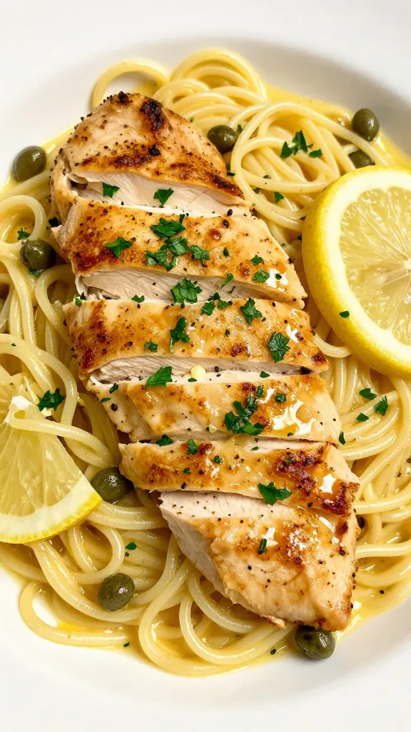 Extreme close-up of Italian Lemon Chicken Piccata Pasta: golden, lightly pan-seared chicken cutlets sliced and layered over al dente spaghetti, glossy with a silky lemon-butter sauce; visible briny capers scattered throughout, thin lemon slices and finely chopped fresh parsley for brightness, a light sheen of melted butter pooling slightly; no extra vegetables; warm natural light, shallow depth of field, overhead-to-45° angle, restaurant plating on a white ceramic plate.