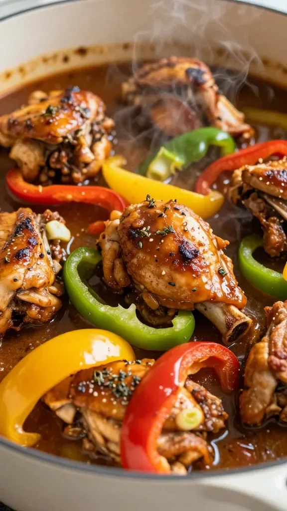 Extreme close-up of Jamaican brown stew chicken in a Dutch oven: bone-in chicken pieces deeply browned and simmered, coated in a glossy, caramel-brown gravy with visible flecks of thyme, tender sliced sweet bell peppers (red, yellow, green), scallion pieces, and a whole Scotch bonnet pepper nestled in the stew; steam rising, warm kitchen lighting, shallow depth of field, no extra ingredients, natural rustic look.