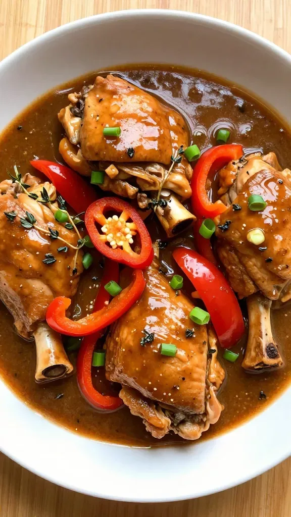 Overhead close-up of a bowl of Jamaican brown stew chicken: succulent, pull-apart bone-in chicken thighs and drumsticks bathed in silky brown gravy, studded with soft sliced sweet peppers, chopped scallions, thyme sprigs, and one halved Scotch bonnet pepper; rich, lacquered sheen on the sauce, minimal garnish, neutral ceramic bowl on a simple wooden surface, no rice or sides, color-accurate and appetizing.