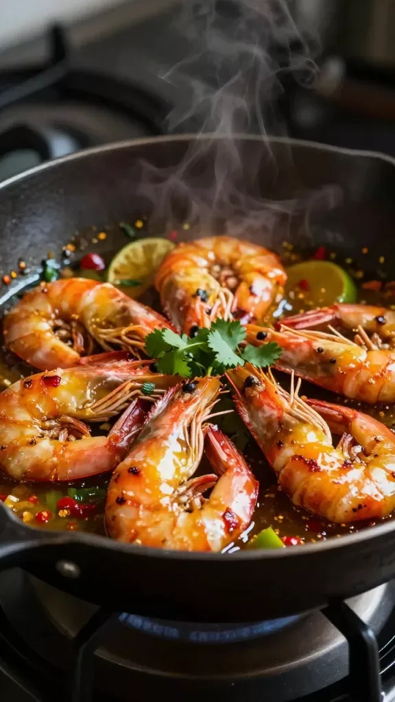Three-quarter angle macro of sautéed shrimp in a skillet just finished in Thai lime chili sauce: shrimp glistening with a sticky chili-lime glaze, visible red chili flecks and micro-zest of lime, a few torn cilantro leaves, no extra ingredients; dramatic side lighting highlighting caramelized edges, dark cast-iron pan on a simple stovetop, steam subtly rising, high detail, no text.