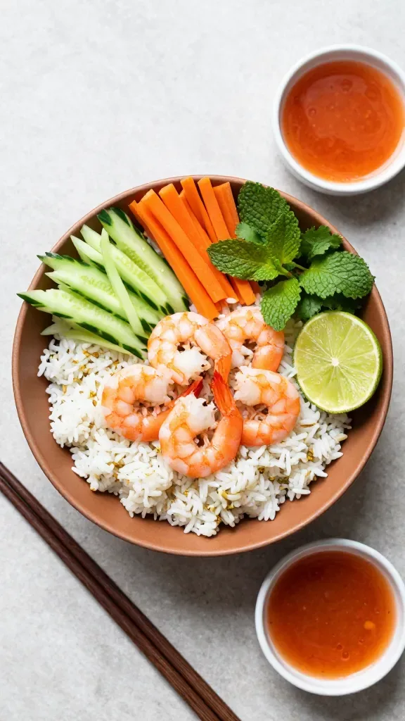 Overhead composed plating scene: warm bowl of jasmine rice topped with a tidy mound of Thai lime chili shrimp, garnished with finely sliced cucumber ribbons, matchstick carrots, cilantro and mint, lime wedge squeezed with visible droplets on shrimp; minimal props (chopsticks, small sauce dish with the same red-orange sauce), pale stone surface, soft natural window light, vibrant color without additional or different ingredients.