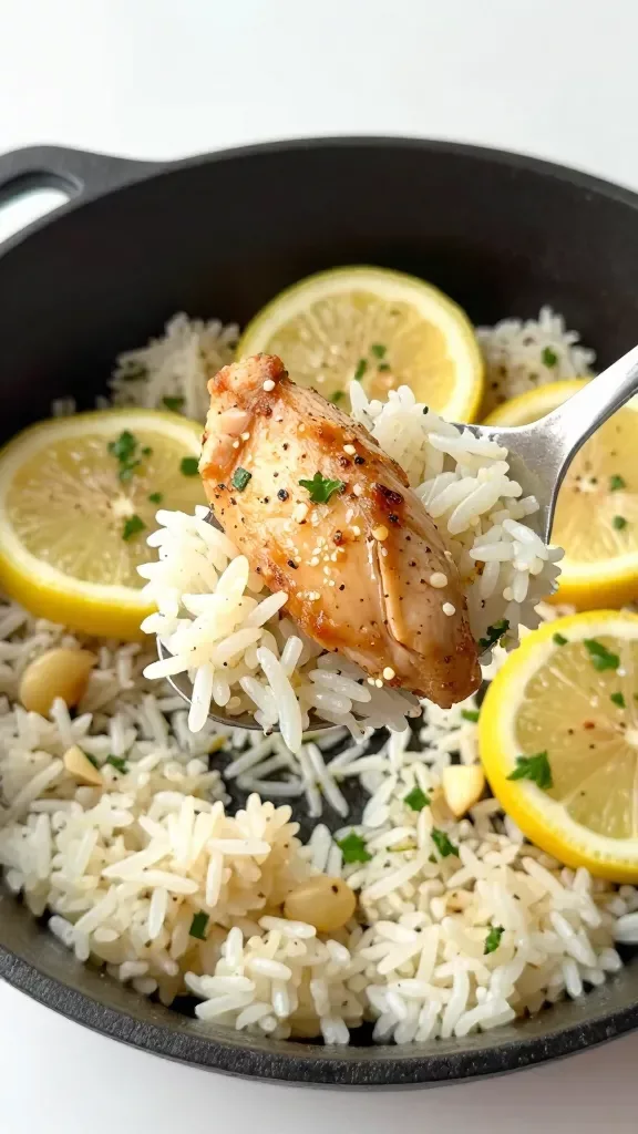 Overhead close-up of a spoon scooping fluffy rice and a piece of juicy lemon-pepper chicken from a black cast-iron pan: rice grains distinct and tender, chicken lightly browned with pepper flecks, micro-beads of butter melted, thin lemon rounds partially submerged, tiny garlic pieces visible, sprinkle of fresh parsley. Clean, minimal background, soft window light, no additional ingredients, no text.