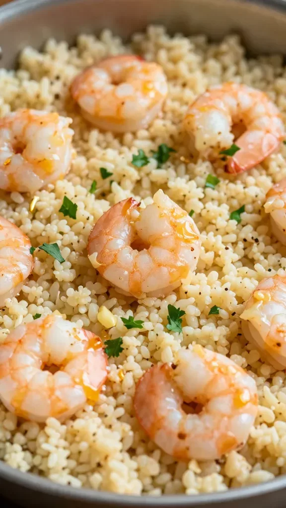 Extreme close-up of a shallow skillet filled with fluffy couscous and plump shrimp glistening in melted garlic butter, light lemon sheen on shrimp, visible minced garlic and tiny browned butter specks, a few finely chopped fresh parsley leaves sprinkled sparingly, soft natural daylight from the side, shallow depth of field, warm neutral tones, no extra ingredients, no text.