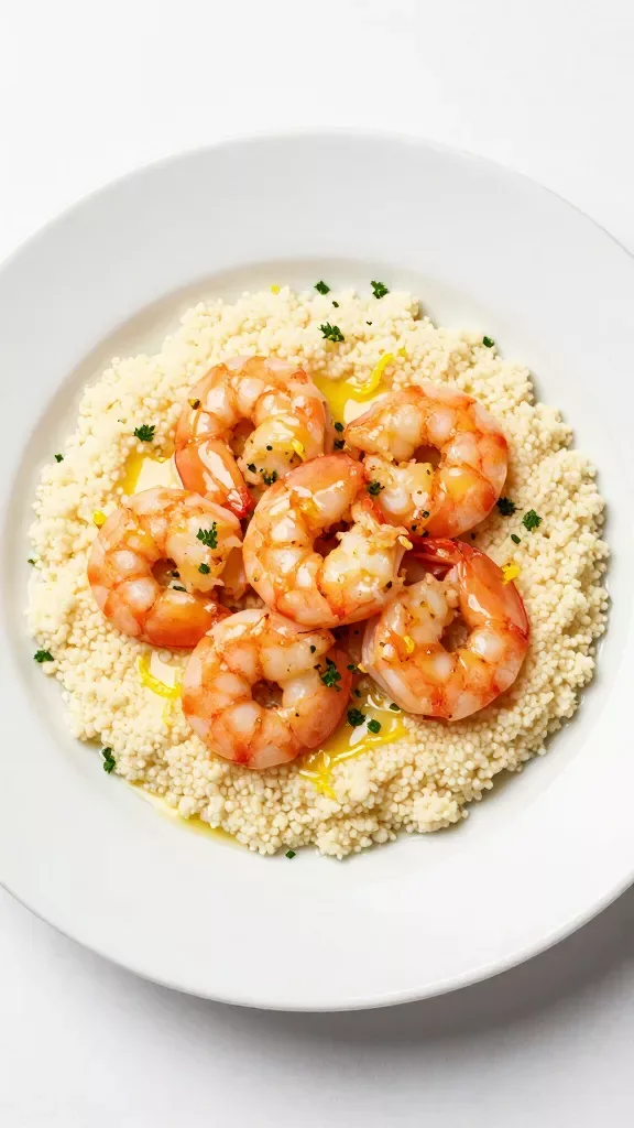 Overhead shot of a white ceramic plate tightly framed with a neat mound of couscous topped with juicy sautéed shrimp coated in glossy garlic butter, a light drizzle of butter pooled slightly around the edges, delicate lemon zest flecks scattered, a minimal sprinkle of chopped parsley, clean background, soft shadows, restaurant-style plating, no extra ingredients, no text.