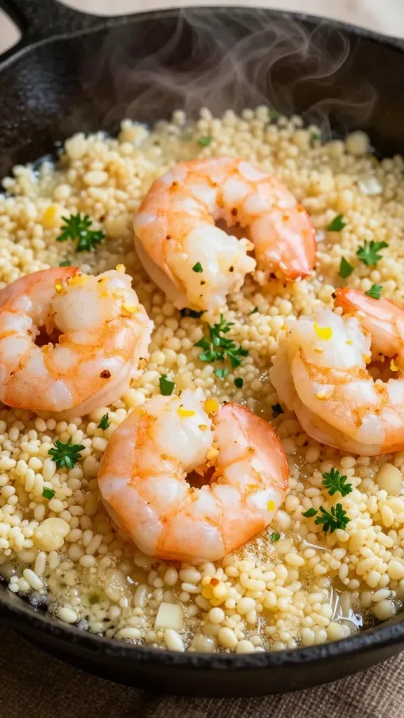 Three-quarter angle macro of shrimp nestled into couscous in a black cast-iron skillet, visible steam, garlic butter bubbling lightly around the grains, tiny toasted bits of garlic on shrimp, a faint hint of lemon zest on top, a restrained dusting of finely chopped parsley for color, warm kitchen lighting, high detail, no extra ingredients, no text.