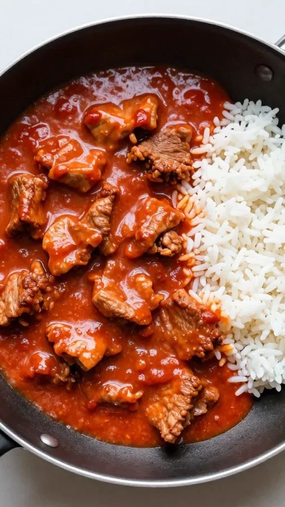Ultra-closeup, overhead shot of a shallow skillet filled with tender browned pork pieces coated in a silky creamy tomato sauce, served beside a neat mound of fluffy white rice. The sauce is a rich brick-red with a smooth glossy sheen from cream, clinging to the pork; no visible extra ingredients or garnishes. Soft natural window light, minimal shadows, neutral background, high detail on sauce texture and rice grains.