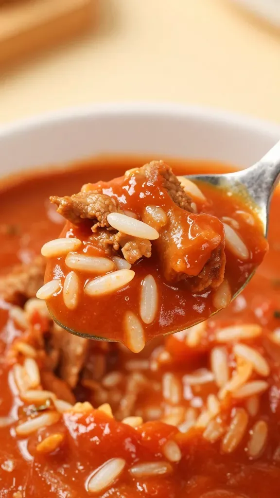 Three-quarter angle, macro shot of a spoon lifting a bite: small chunks of browned pork enveloped in velvety creamy tomato sauce with a few grains of plain white rice nestled in. The sauce appears smooth and slightly thick, warm reddish-orange hue, no herbs, no cheese, no vegetables, no garnishes. Shallow depth of field, warm kitchen light, clean, uncluttered background.