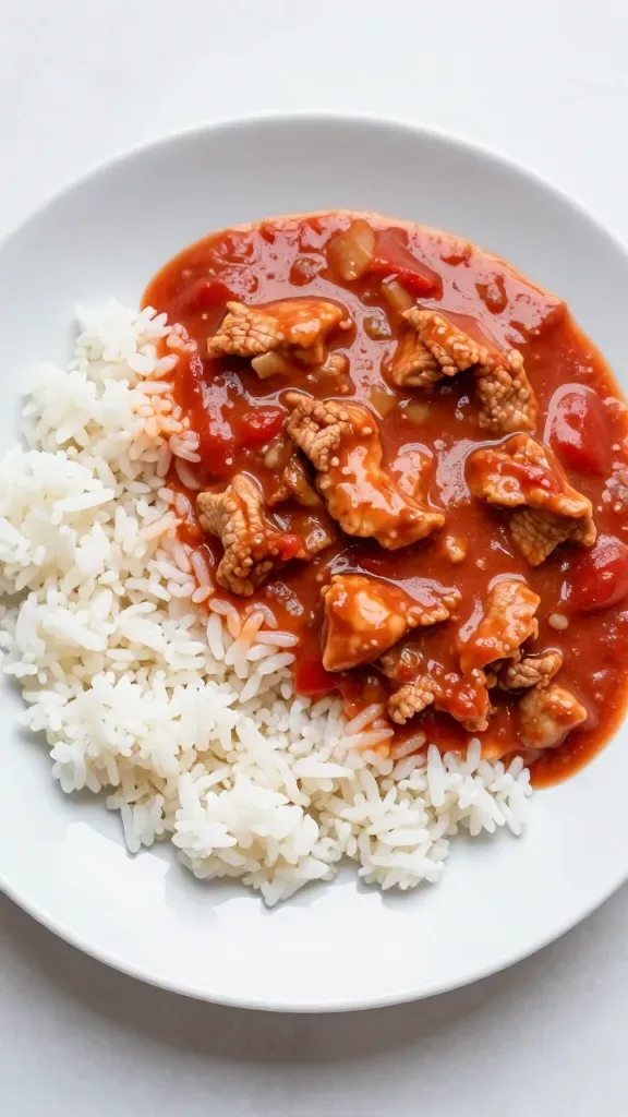 Overhead plating: a simple white plate with half covered by fluffy white rice and half by creamy tomato pork—tender pork pieces evenly coated in a glossy, smooth tomato-cream sauce, gently pooling against the rice. No visible onions, herbs, peppers, or other additions; just pork, creamy tomato sauce, and rice. Soft diffused daylight, subtle steam, crisp focus, natural colors.