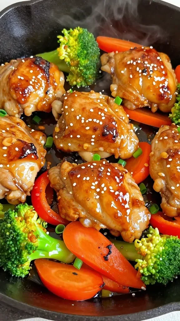 Ultra-closeup of honey garlic chicken and mixed vegetables in a black cast-iron skillet: glossy bite-sized chicken thighs seared golden-brown, coated in a thick honey-garlic-soy glaze with visible minced garlic sheen; crisp-tender broccoli florets, thin carrot coins, and red bell pepper strips, lightly charred edges; scattered sesame seeds and a few chopped scallions; steam rising; warm side lighting, shallow depth of field, no extra ingredients, no text.