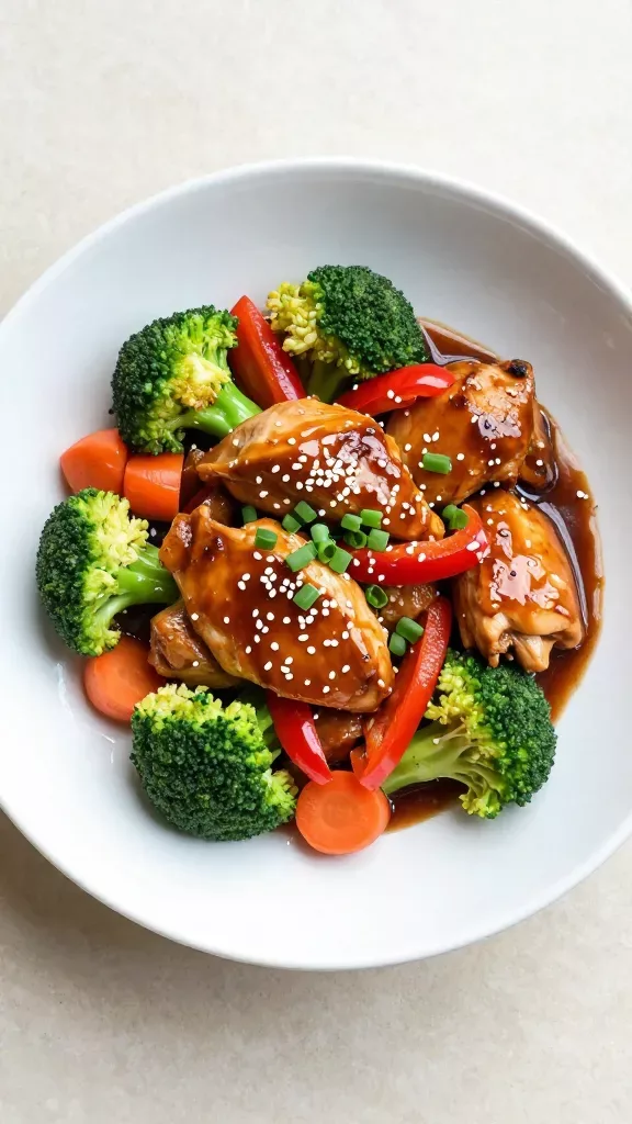 Overhead shot of a honey garlic chicken veg skillet portion plated in a shallow white bowl: juicy glazed chicken pieces glistening with sticky sauce, nestled with bright broccoli florets, carrot coins, and red bell pepper strips; sauce pooling lightly at the bottom, sesame seeds sprinkled, micro chopped scallions on top; clean neutral backdrop, natural daylight, high detail, no rice, no lemon, no extras.