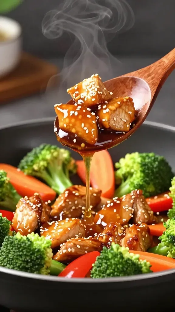 Three-quarter angle closeup of a wooden spoon lifting a scoop from a sizzling skillet: chunks of caramelized honey-garlic chicken dripping a silky soy-honey glaze with visible garlic bits, surrounded by vibrant broccoli, carrot slices, and red bell pepper strips still crisp; tiny sesame seeds clinging to the sauce; gentle steam, moody kitchen background softly blurred, realistic texture, no additional ingredients.