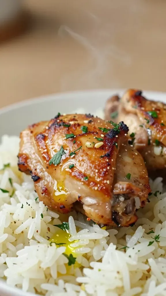 Three-quarter angle close-up of fork-tender chicken thigh pieces, pan-seared to a crisp-tender finish, nestled on steamy white rice; visible glossy marinade with tiny flecks of parsley, dill, and minced garlic; a subtle sheen of olive oil and a hint of fresh lemon juice pooling lightly on the rice; warm neutral background, shallow depth of field, no additional toppings, no text.