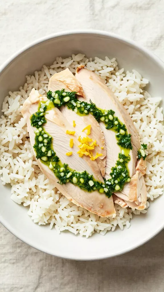 Overhead macro shot of a minimalist bowl: perfectly sliced chicken breast fanned over a bed of plain jasmine rice; vibrant green herb sauce (parsley, dill, garlic, lemon) drizzled in thin ribbons across the chicken and a little onto the rice; fine lemon zest sprinkled sparingly; clean ceramic bowl on a light linen, bright airy lighting, no other ingredients, no text.