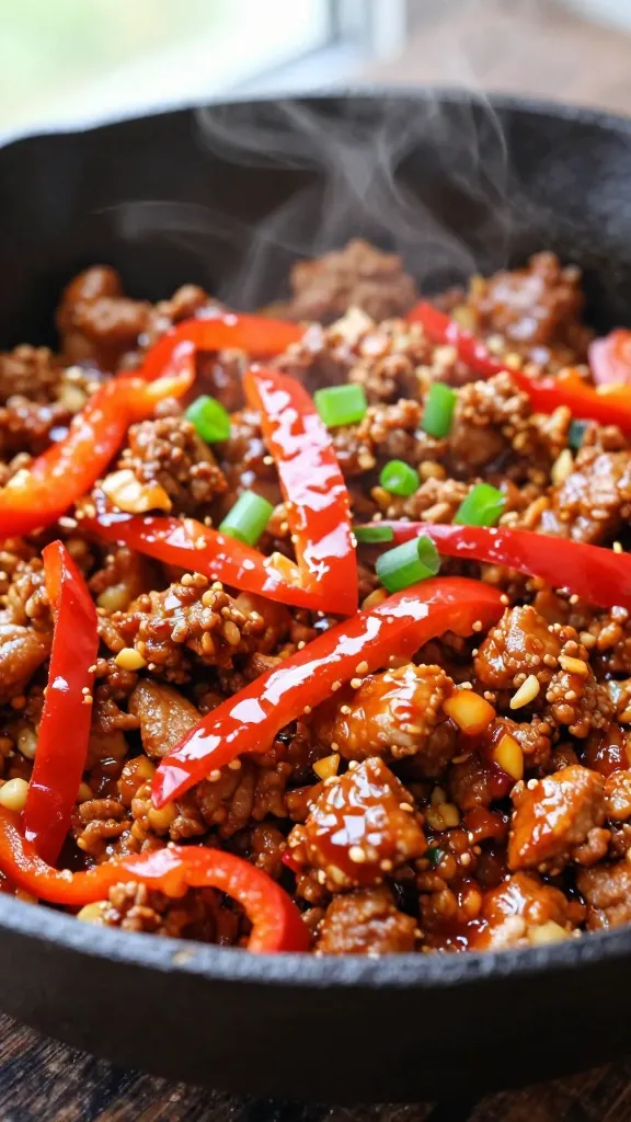 Ultra-closeup of a skillet of glossy sweet chili ground pork: crumbled, juicy ground pork coated in a sticky red-orange sweet chili glaze, visible minced garlic and ginger clinging to the pork, thinly sliced red bell pepper strips softened and glistening, a few finely chopped green onions for garnish, light steam rising, shallow depth of field, natural window light, cast-iron skillet on a dark rustic surface, no extra ingredients, no text.