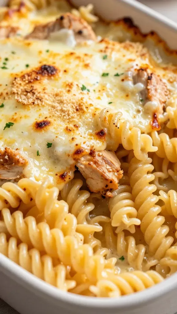 Extreme closeup of a bubbling garlic butter chicken pasta bake just pulled from the oven: twirly pasta (fusilli/rotini) coated in glossy garlic butter cream sauce, tender browned chicken pieces tucked between noodles, top layer of melted mozzarella with golden blistered spots and lightly crisped Parmesan around the edges, visible flecks of parsley, shot in warm kitchen light in a ceramic baking dish, shallow depth of field, no utensils, no extra ingredients.
