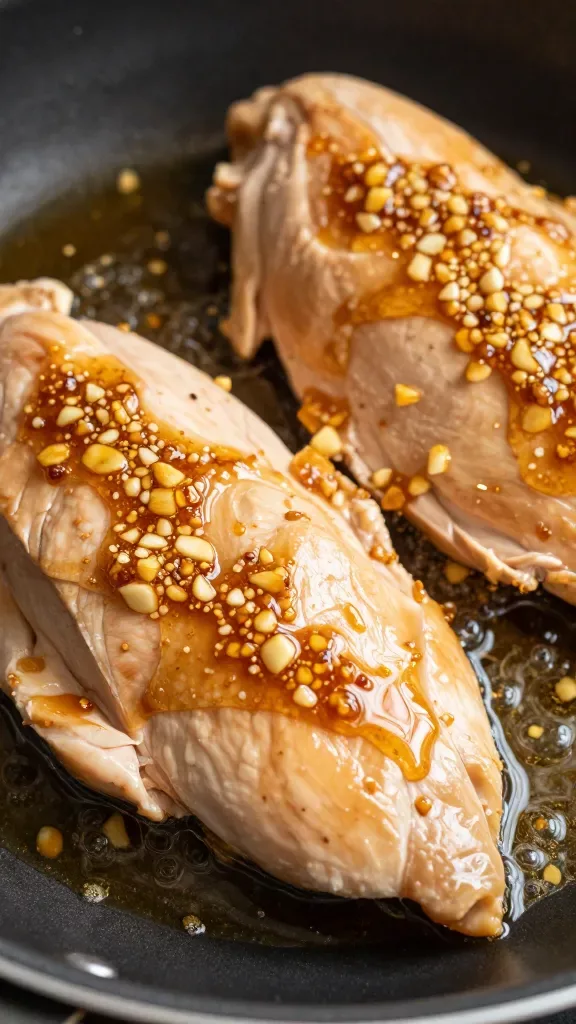 Macro shot of sliced chicken breast pieces in a nonstick skillet, lacquered with a sticky honey and garlic glaze; finely chopped garlic visibly suspended in the sauce, slight bubbling around the edges as the glaze reduces; warm, natural kitchen light, no herbs, no seeds, no vegetables, shallow depth of field focusing on the glaze’s shine.