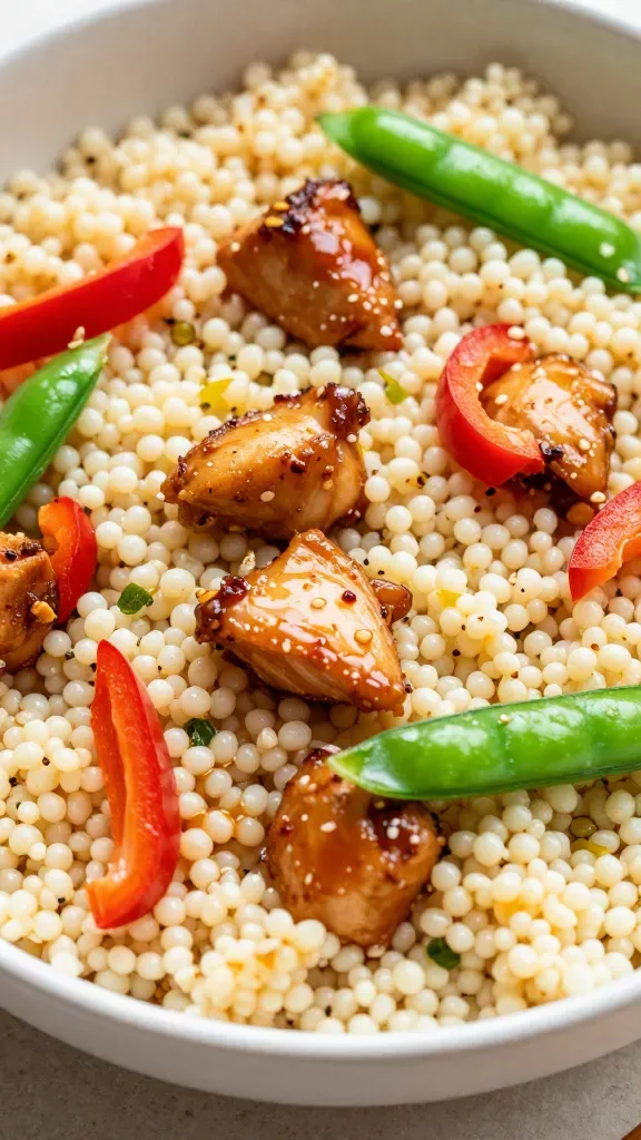 Extreme close-up of a shallow bowl filled with fluffy pearl couscous folded with glossy sweet chili–coated chicken bites, thinly sliced red bell peppers, and bright green snap peas; a light sheen of sauce clings to the couscous, tiny flecks of lime zest visible, a few sesame seeds scattered; shot in soft natural light on a neutral stone surface, no garnishes beyond what’s in the dish.