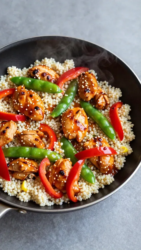 Overhead close-up of a skillet just off the stove with bite-size chicken pieces lacquered in sweet chili sauce, tossed with sliced red bell peppers and snap peas, then mixed through with tender, lemony pearl couscous; steam faintly rising, sauce pooling lightly around grains, minimal styling on a matte gray background.