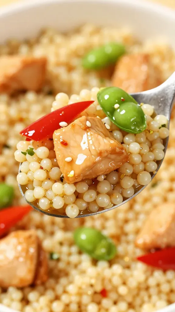 Three-quarter macro shot of a spoonful lifted above a bowl, showing distinct pearls of couscous, a single cube of sweet chili–glazed chicken, a strip of red bell pepper, and a snap pea segment; glossy, sticky-sweet sauce visible on all elements, tiny lime zest specks and a couple sesame seeds; blurred background with the same couscous-chicken mixture in the bowl.