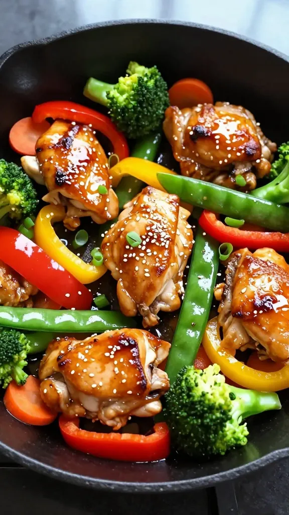 Ultra-closeup overhead shot of a honey soy chicken and vegetable skillet: glossy bite-sized chicken thigh pieces seared golden-brown, coated in a sticky honey-soy glaze; bright bell pepper strips (red and yellow), broccoli florets, snap peas, and thin carrot coins, all crisp-tender with a light sheen; scattered toasted sesame seeds and a few sliced green onions; cooked in a black cast-iron skillet on a dark neutral background with soft natural window light, shallow depth of field, no extra ingredients.