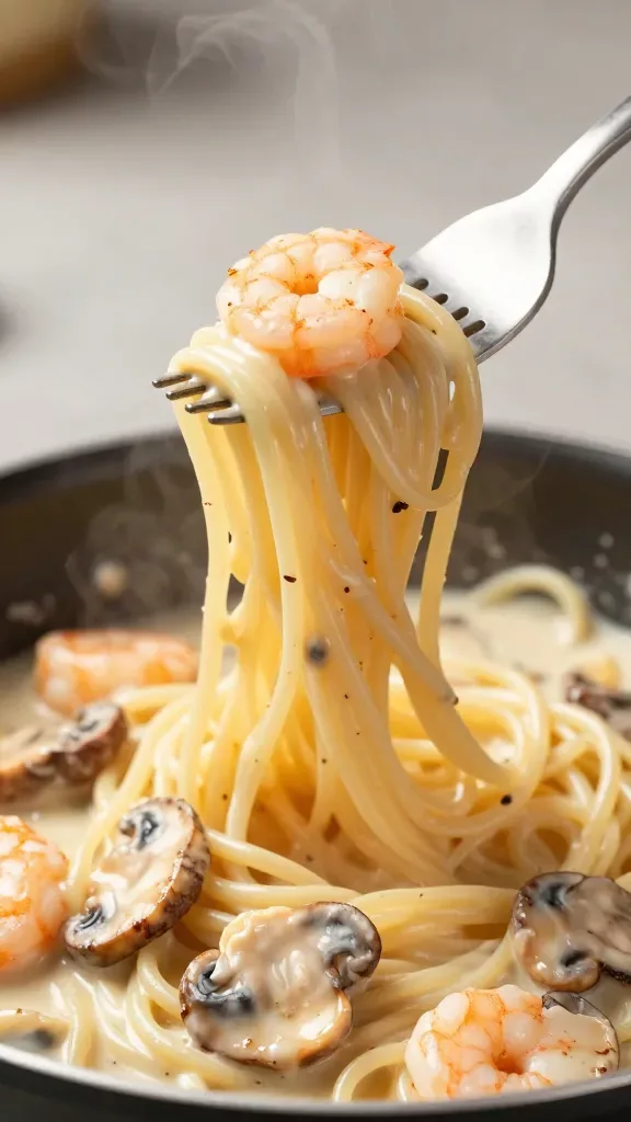 Three-quarter angle close-up on a fork lifting a small twirl of creamy mushroom shrimp pasta from a pan: strands of pasta dripping glossy sauce, one tender shrimp and a couple of sautéed mushroom slices clinging to the noodles, faint steam, soft directional light highlighting the sauce’s sheen; neutral kitchen surface, no extra garnishes or ingredients.