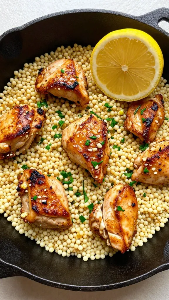 Overhead close-up in a black cast-iron skillet: tender chicken chunks seared to a deep golden crust, mixed evenly with small couscous pearls cooked until plump, glossy garlic butter coating every grain, tiny parsley sprinkles and micro-zest of lemon for brightness, a halved lemon resting at the rim; neutral background, soft natural window light, high detail, no additional vegetables or garnishes beyond parsley and lemon.