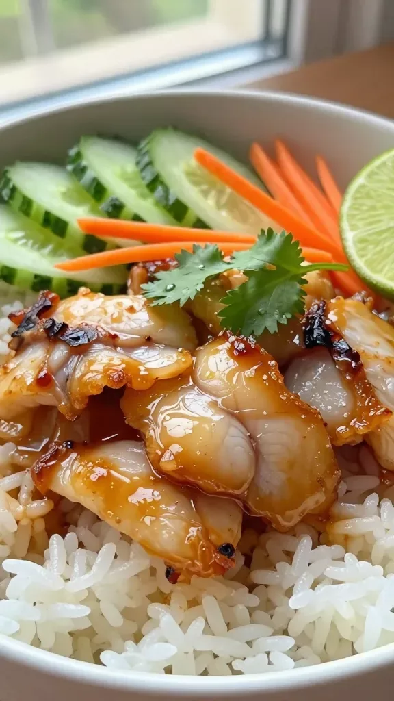Extreme close-up of a rice bowl: glossy sweet chili–glazed white fish fillets with lightly crisp edges, sticky lacquered sauce clinging to the flakes, served over steaming fluffy white rice. Garnish with thinly sliced cucumber, julienned carrot, and a few cilantro leaves. A lime wedge on the side. Soft natural window light, shallow depth of field, no extra ingredients.