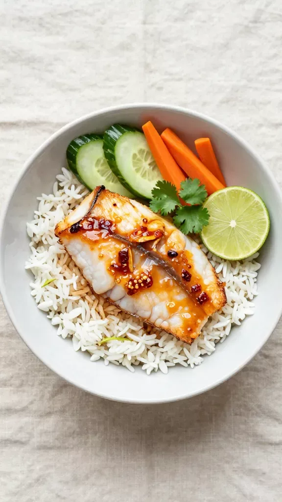 Overhead shot of a neatly composed bowl: pan-seared flaky white fish coated in a shiny sweet chili glaze, nestled on a bed of hot jasmine rice. Crisp vegetable accents include thin cucumber rounds and carrot matchsticks; a sprinkle of fresh cilantro. A lime half nearby for squeezing. Clean ceramic bowl on a neutral linen, bright yet natural lighting, no additional elements.