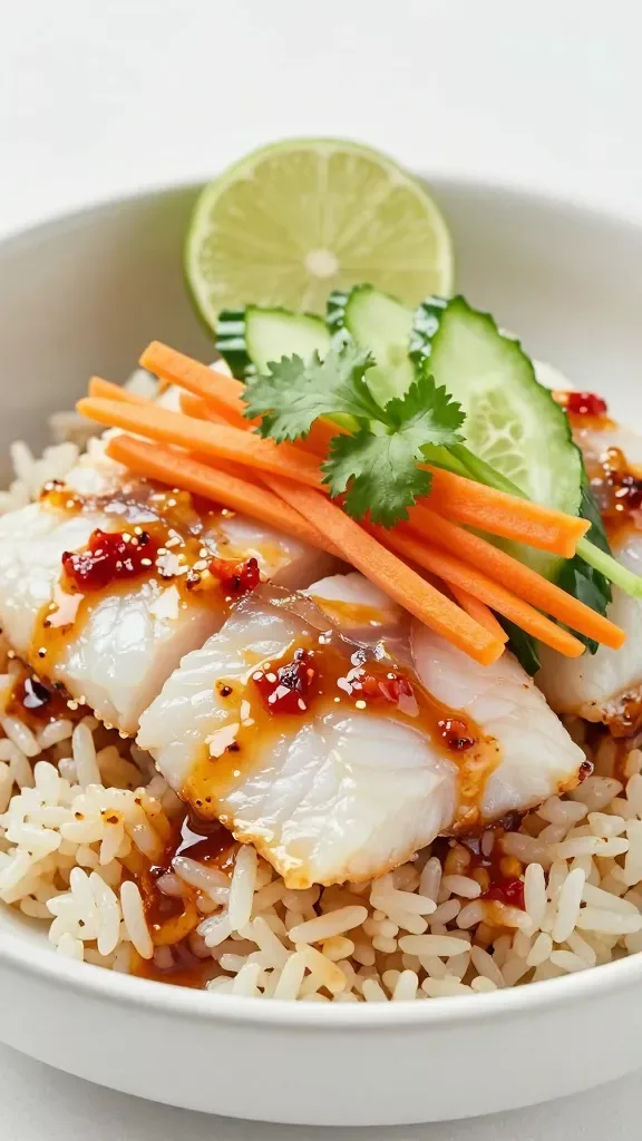 Three-quarter angle close-up: bite-tender white fish pieces glistening with reduced sweet chili sauce, slight caramelized edges, arranged atop warm rice. Simple, crunchy toppings of cucumber slices and fine carrot strips, with a few cilantro sprigs; a lime wedge resting at the rim. Minimal, modern styling, soft daylight, high detail, no other ingredients.