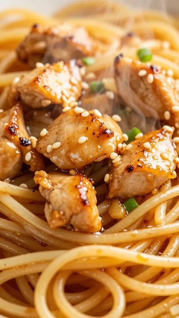 Extreme close-up of honey garlic chicken pasta: glossy spaghetti strands coated in a golden-brown honey–soy–garlic sauce, bite-sized seared chicken pieces with light caramelization, finely minced garlic visible in the sheen, a few sesame seeds lightly scattered, gentle steam rising, warm kitchen lighting, shallow depth of field, no extra vegetables or garnishes beyond a minimal sprinkle of scallions.