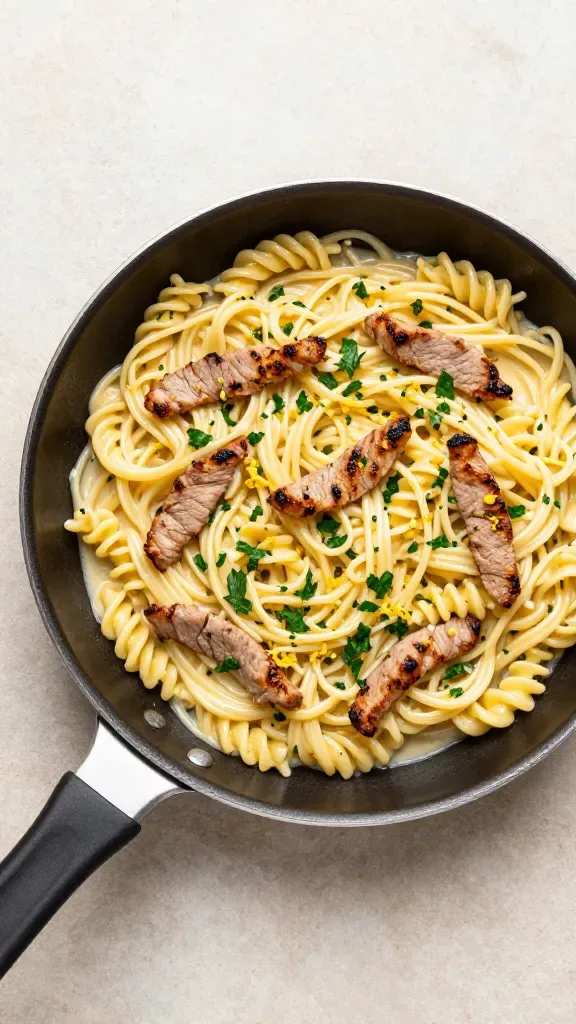 Overhead shot of a skillet on a light stone surface holding lemon herb pork pasta: twirly linguine glistening with silky lemon-garlic butter sauce, evenly distributed seared pork strips, finely chopped basil and parsley, scattered lemon zest. Clean, minimal styling, neutral background, tight crop, no additional garnishes beyond herbs and lemon zest.