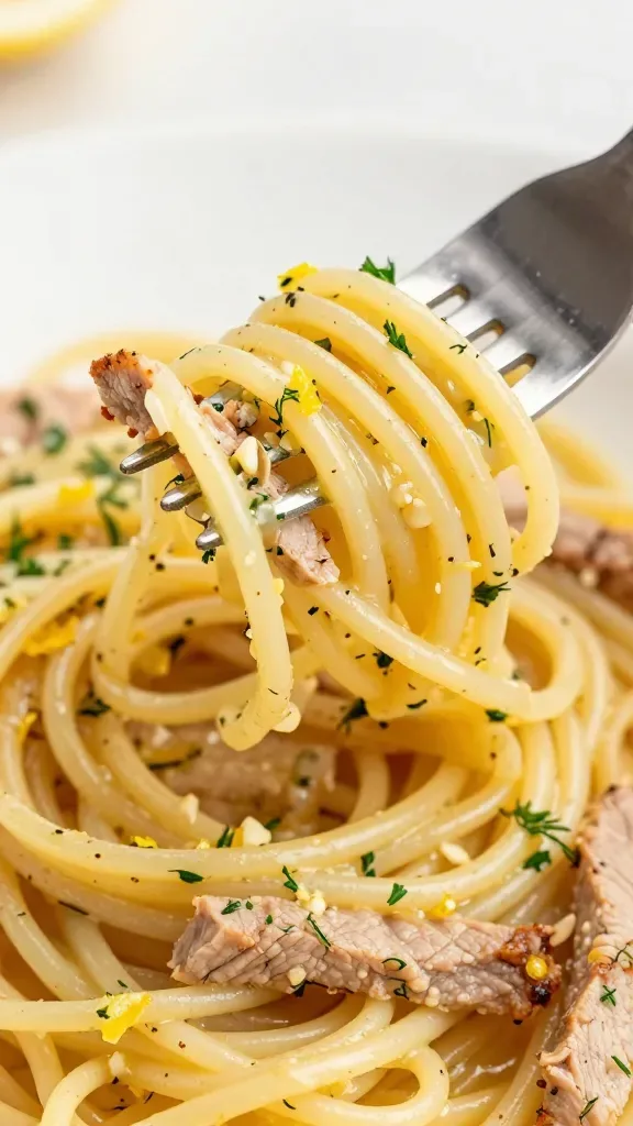 Three-quarter angle macro of a fork twirl lifted from a plate of lemon herb pork pasta: strands of spaghetti coated in buttery lemon sauce with flecks of garlic, a few thin pieces of seared pork clinging to the pasta, tiny bits of chopped dill and parsley, bright lemon zest speckled throughout. Soft diffused lighting, high detail, warm tones, no extra ingredients or text.